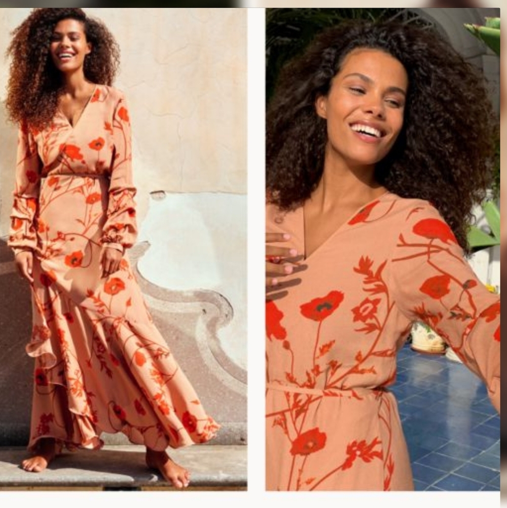 Johanna Ortiz x H&M Boho Tropic Beige Red Poppy Floral Wrap Maxi Dress Size L